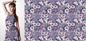 02032 Materiał ze wzorem ręcznie malowane jasne kwiaty polne ułożone na fioletowym tle wraz z liśćmi i trawami